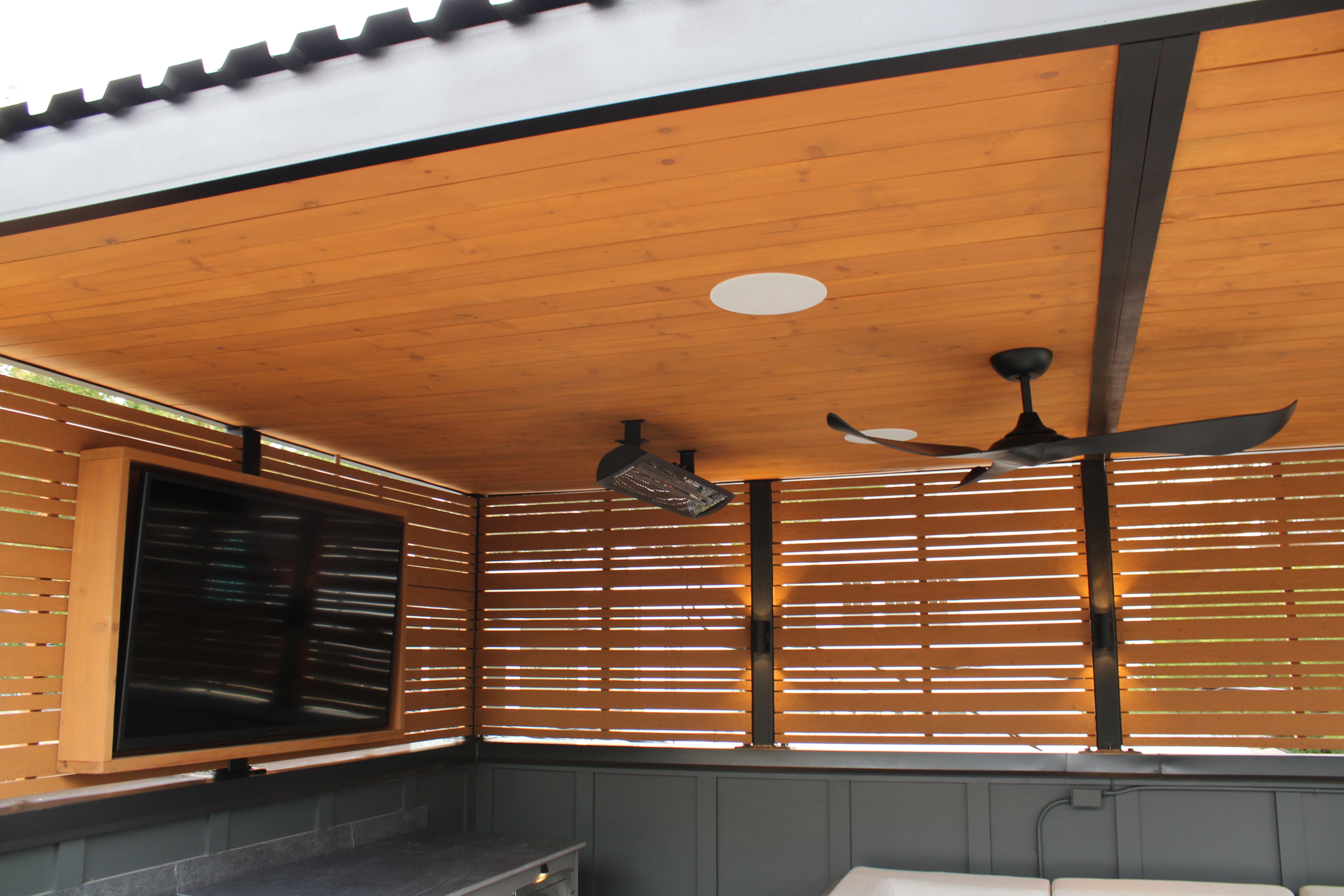 Pergola with fan, heater, and outdoor tv chicago il