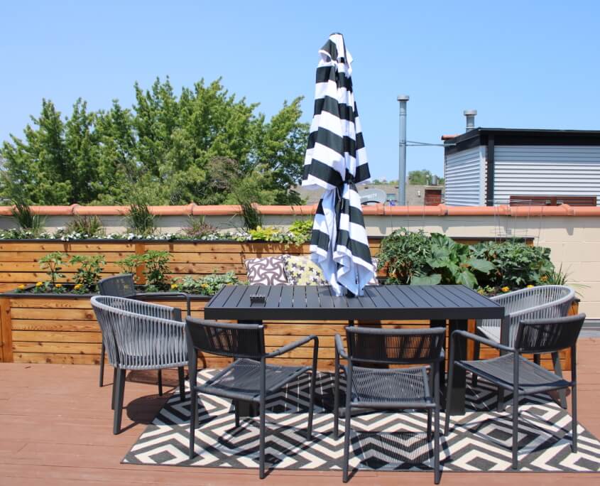 Roof deck dining and planter boxes wrigleyville chicago