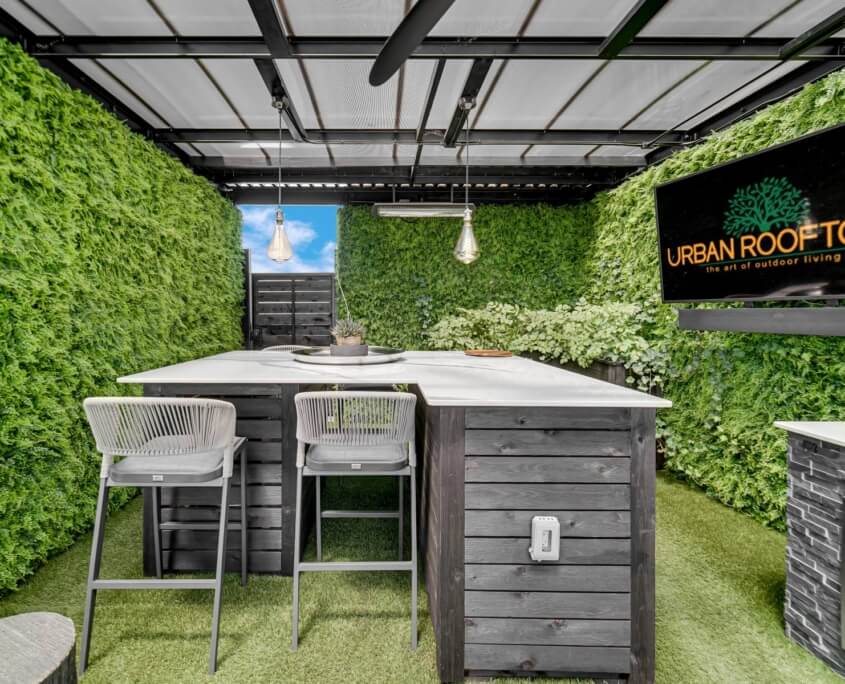 Covered rooftop island seating
