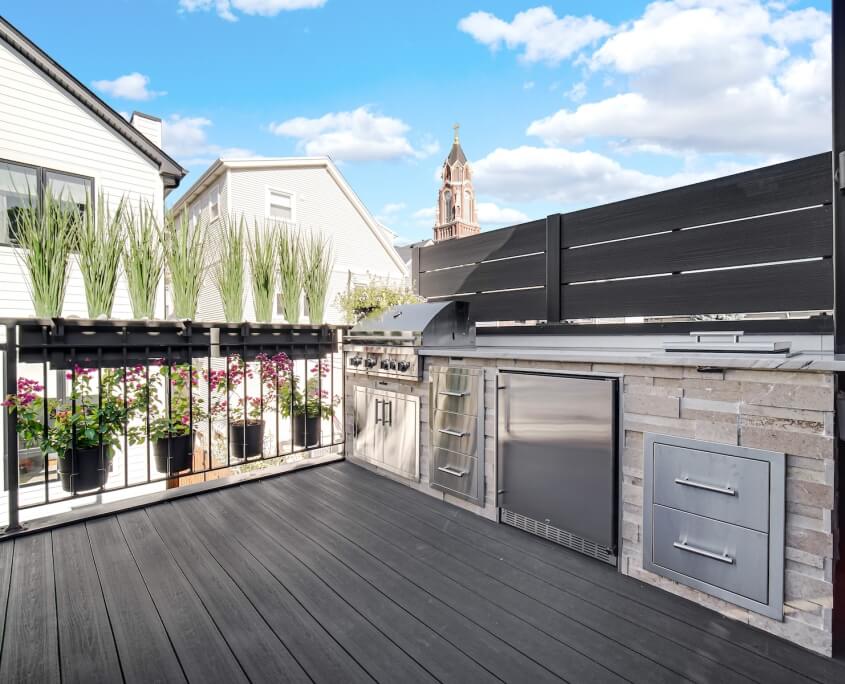 outdoor kitchen and custom planters